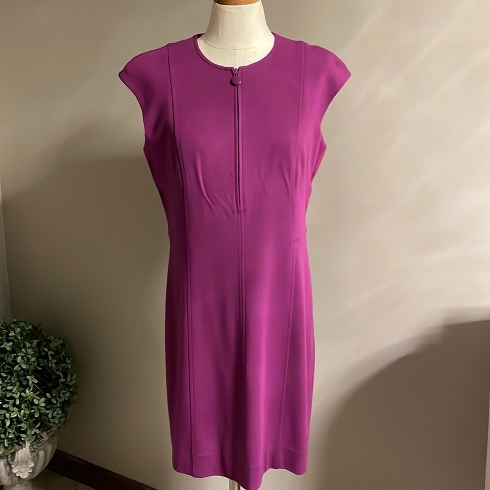 AKRIS PUNTO berry sheath dress quarter zip front crewneck cap sleeve career 10